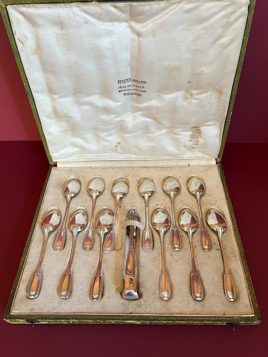 Set Of 12 Silver Teaspoons And Sugar Tongs In Its Original Box. -photo-8