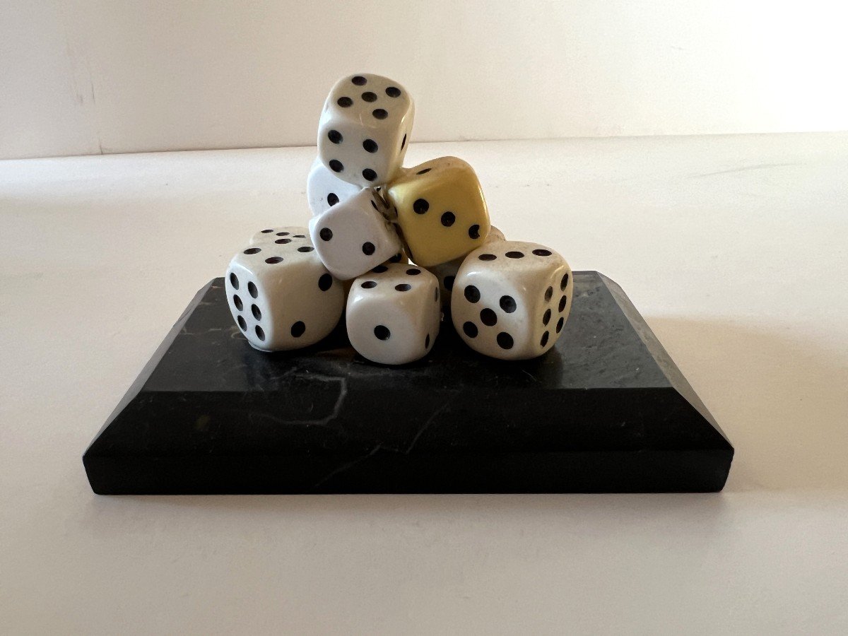 "player" Paperweight Made Up Of A Black Marble Base And Several Dice.