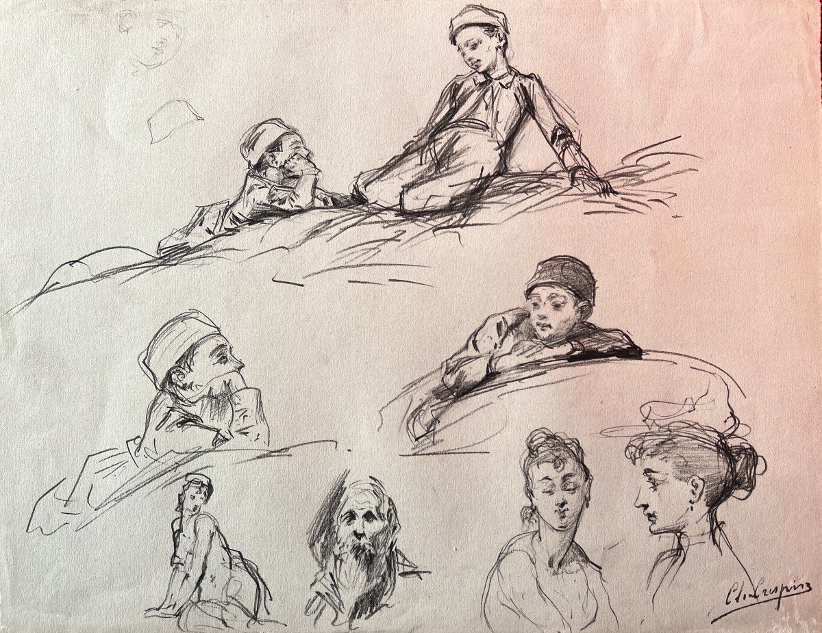 Etude de divers personnages au crayon/fusain par  A.L.C. Crespin (1859-1944)