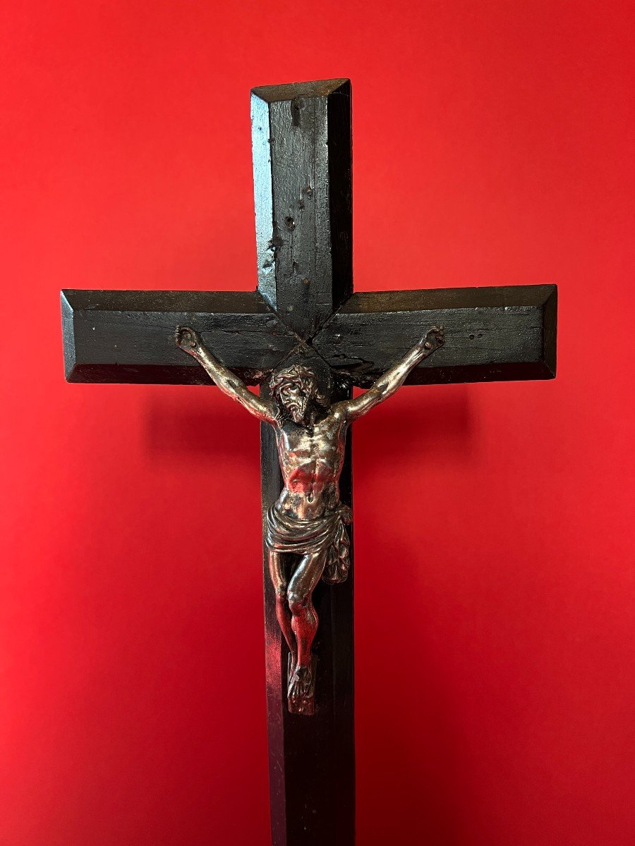 Christ On The Cross, Blackened Wood And Silvered Bronze. 19th Century.-photo-2