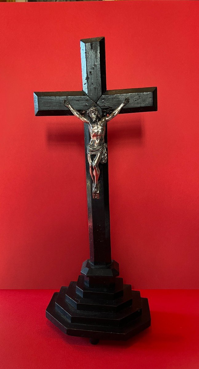 Christ On The Cross, Blackened Wood And Silvered Bronze. 19th Century.-photo-3