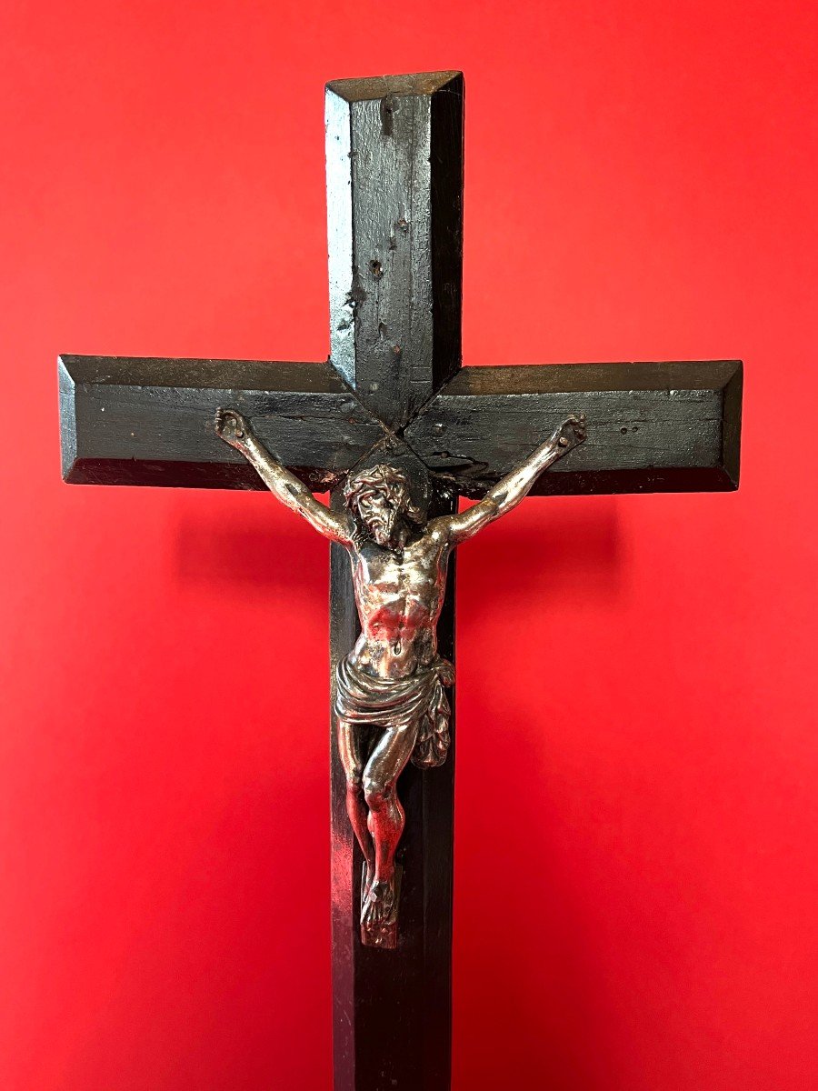 Christ On The Cross, Blackened Wood And Silvered Bronze. 19th Century.-photo-3