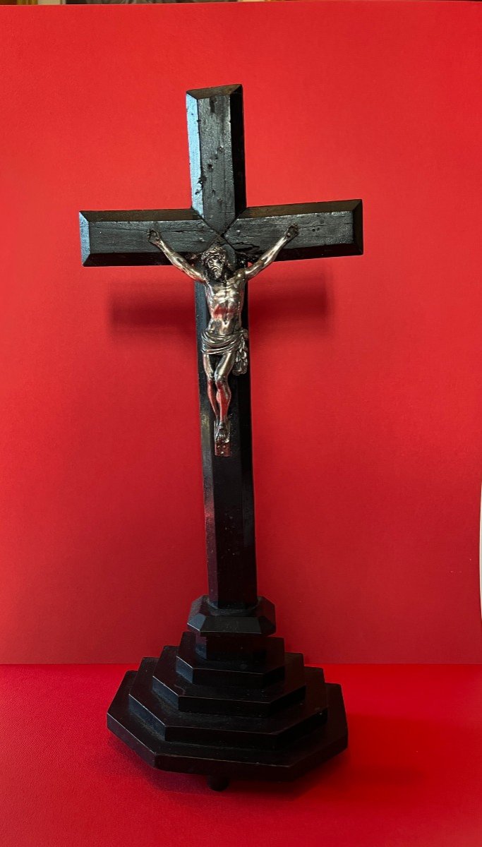 Christ On The Cross, Blackened Wood And Silvered Bronze. 19th Century.-photo-4