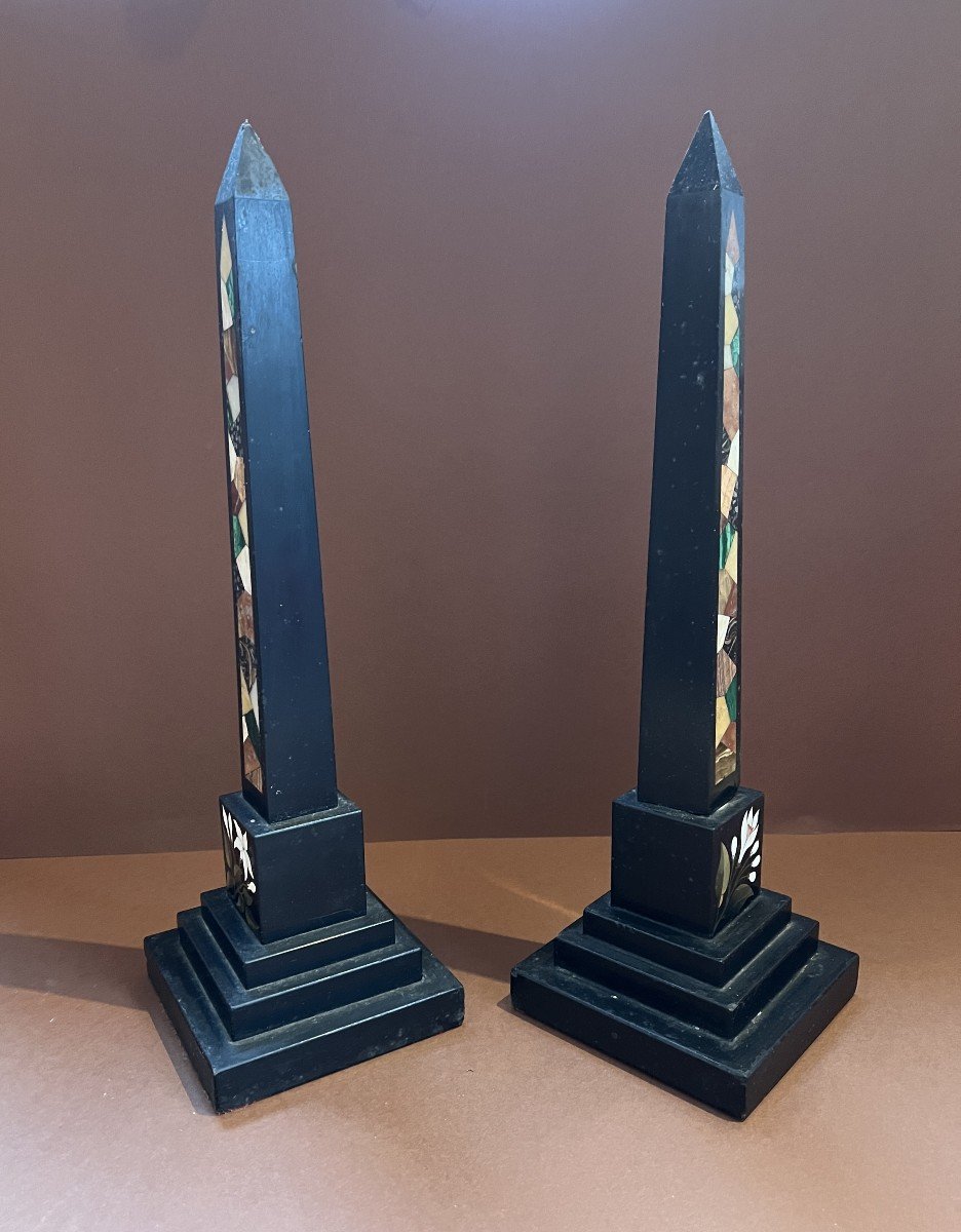 Pair Of Obelisks - Large Tower In Marble And Different Samples Facing Pietra Dura - 19th Century-photo-4