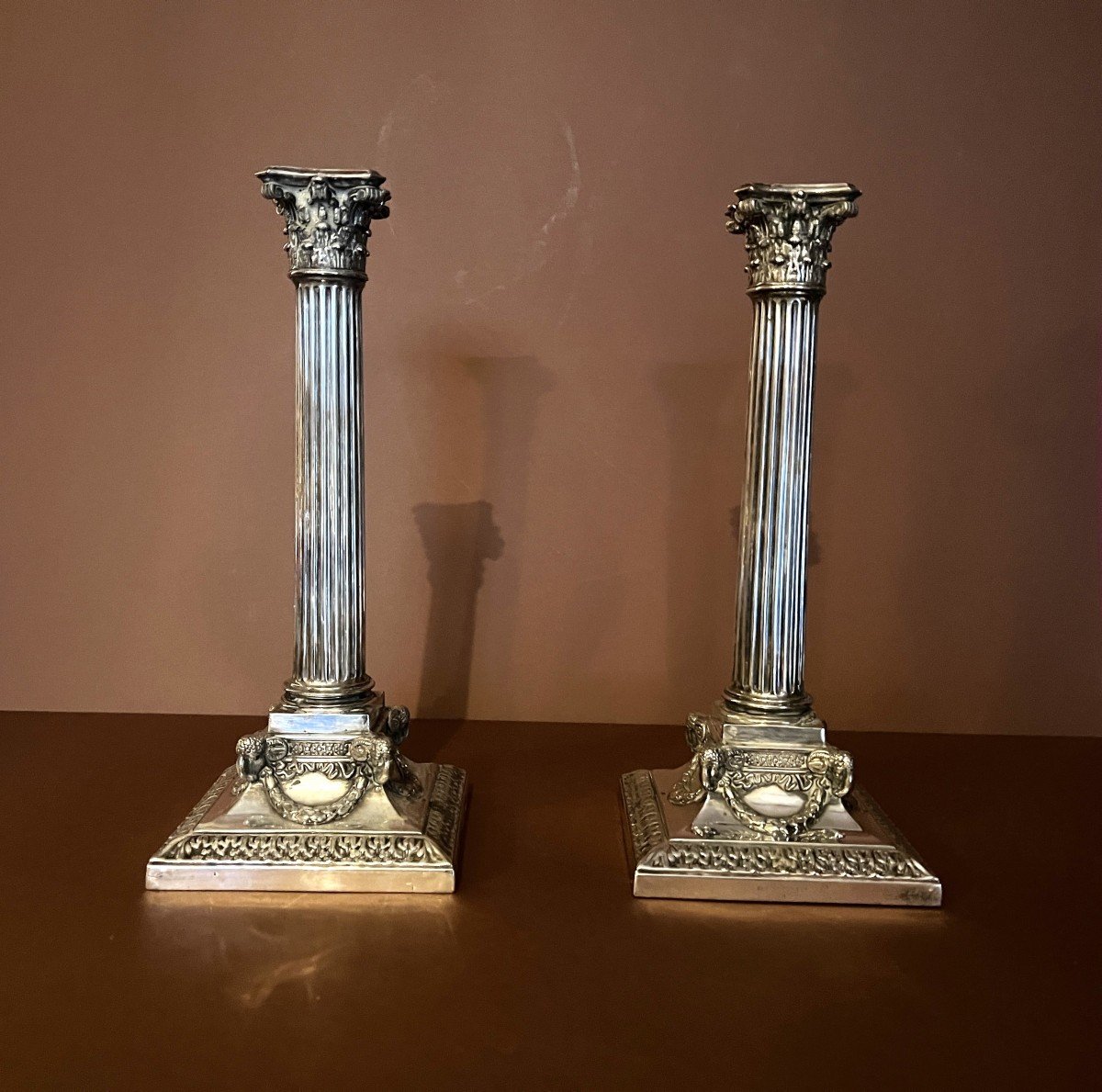 Pair Of Victorian Neo Classical Style Corinthian Candlesticks In Silver.-photo-3