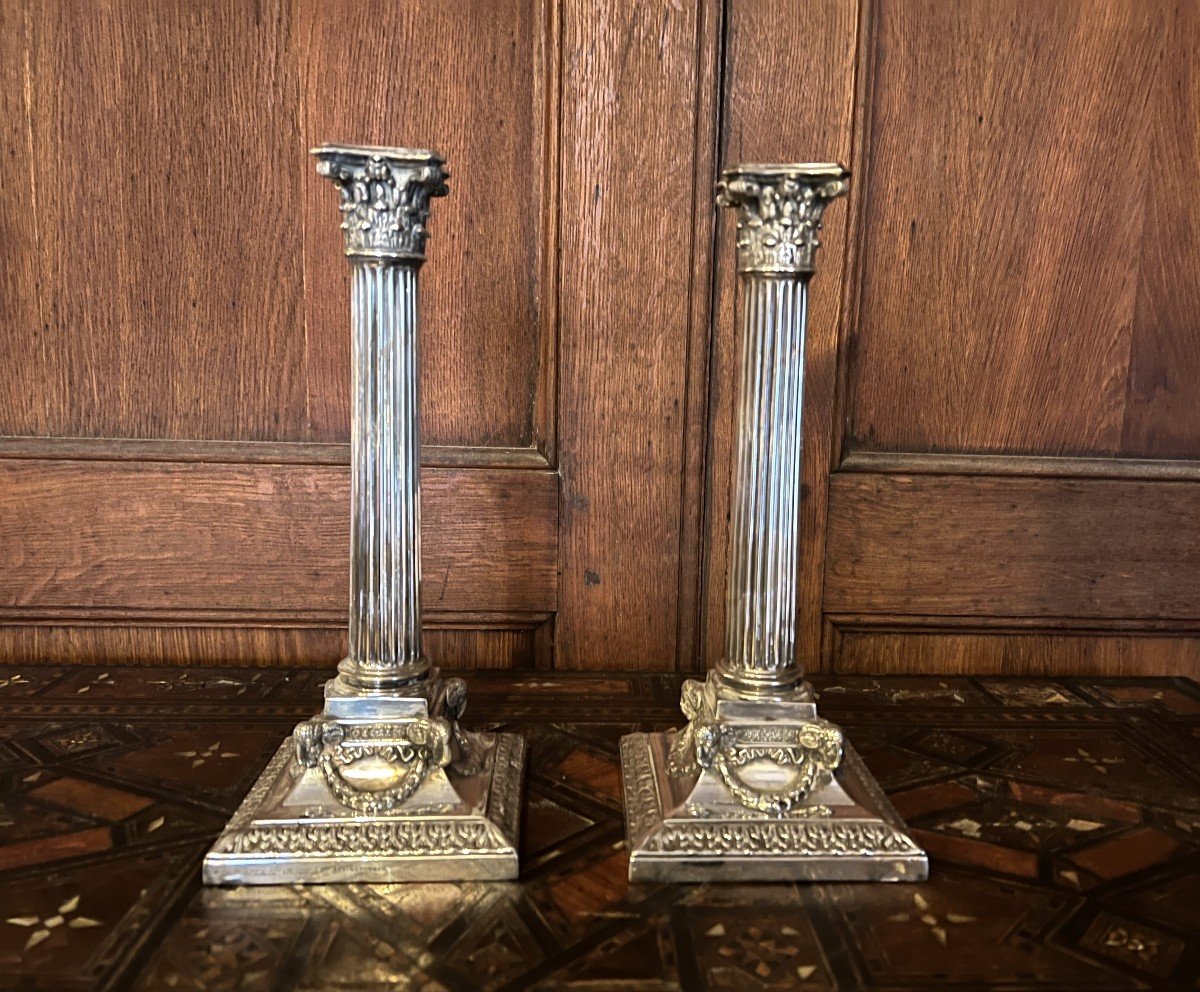 Pair Of Victorian Neo Classical Style Corinthian Candlesticks In Silver.-photo-4