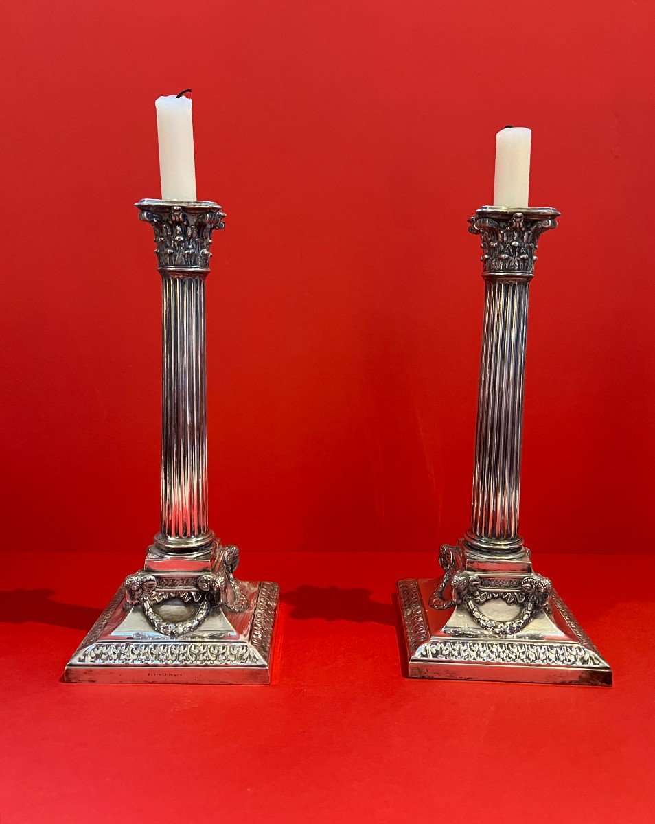 Pair Of Victorian Neo Classical Style Corinthian Candlesticks In Silver.