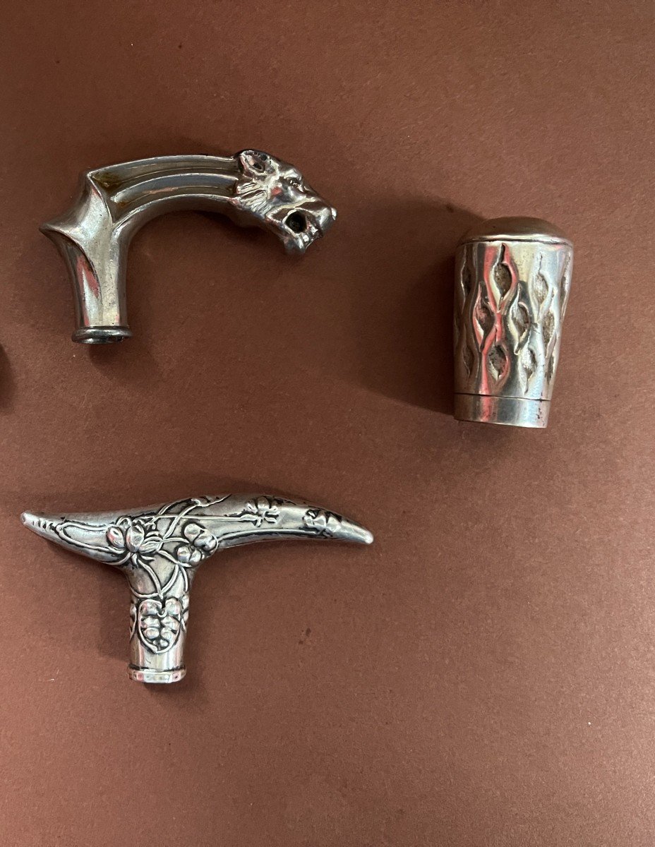 Set Of 5 19th Century Umbrella Handles Silver, Silver Metal And Gold Metal