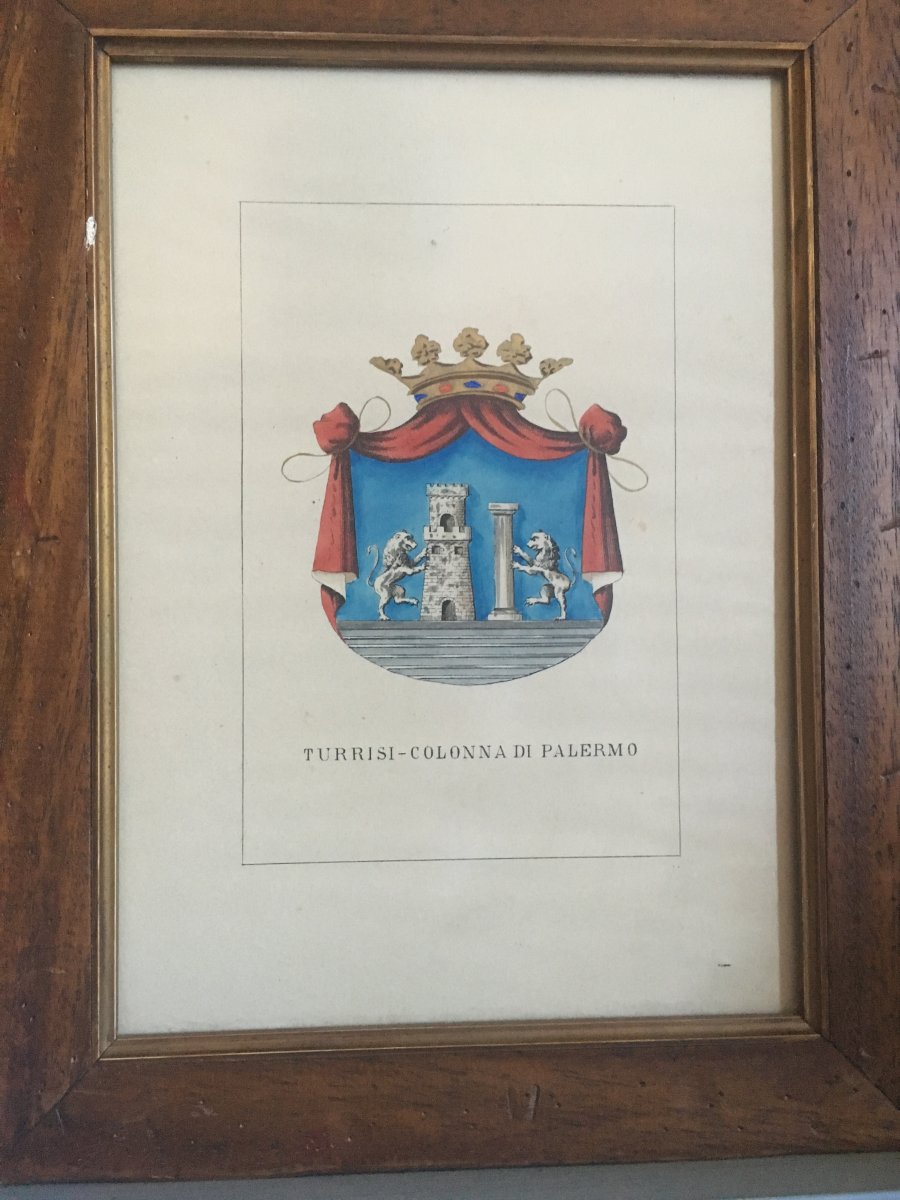 Serie Of 5 Lithographs Enhanced With Watercolor Coat Of Arms Of Neapolitan And Sicilian Family-photo-2