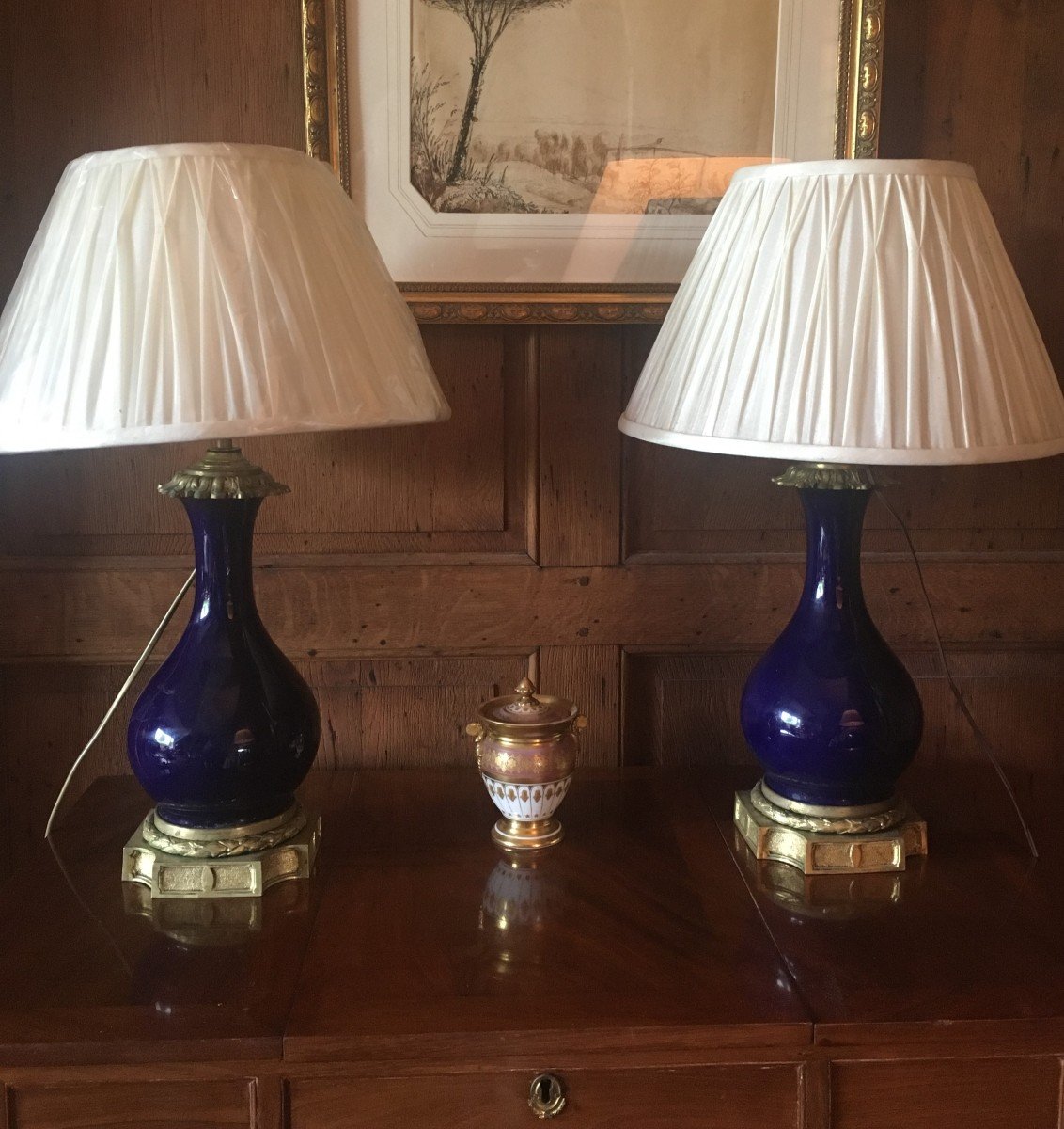 Pair Of Napoleon III Period Lamps In Sèvres Blue Porcelain And Bronze Mounts.