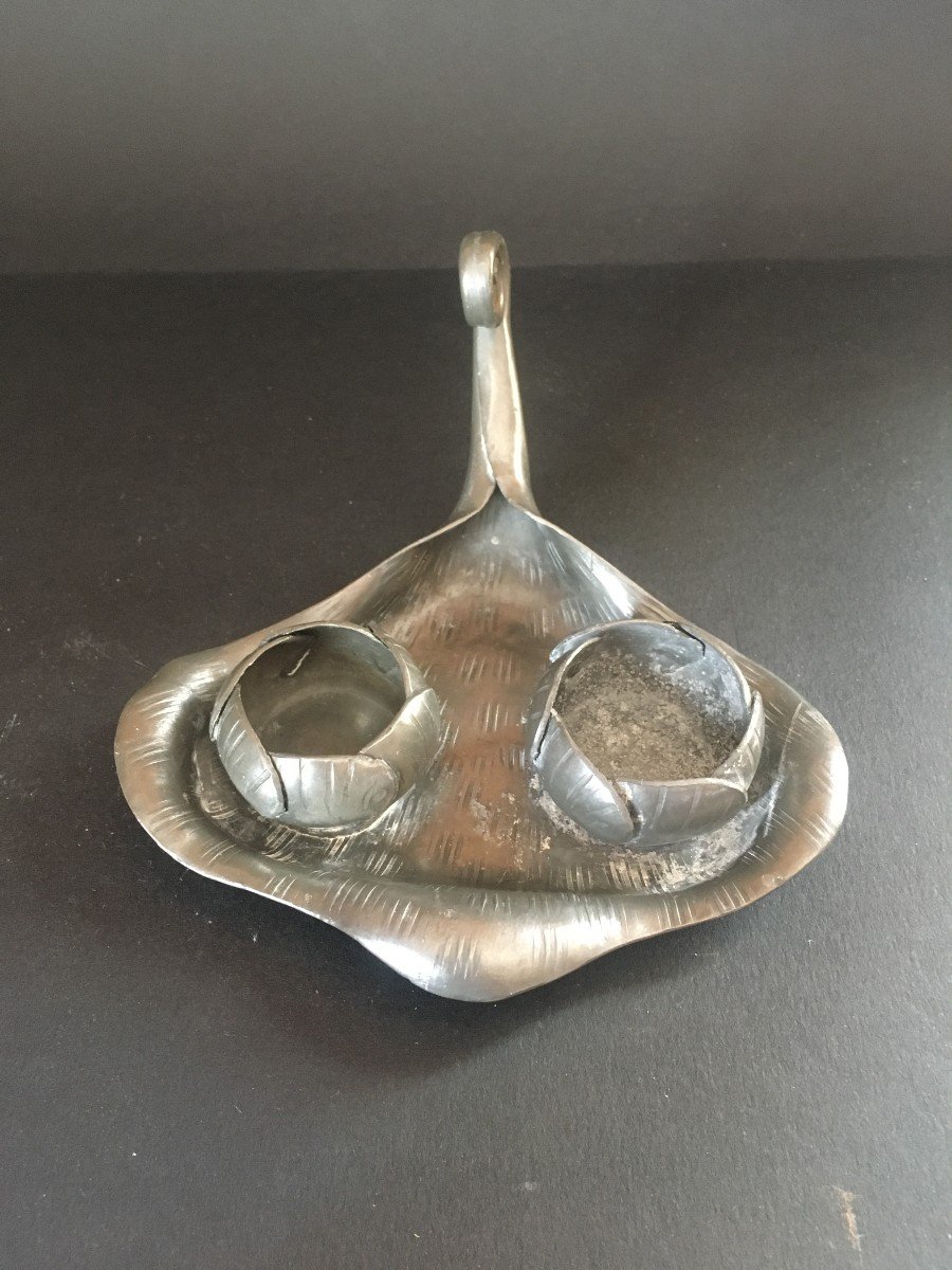 Salt And Pepper Set On A Lily Pad. In Pewter Signed Ea Chanal. Circa1900