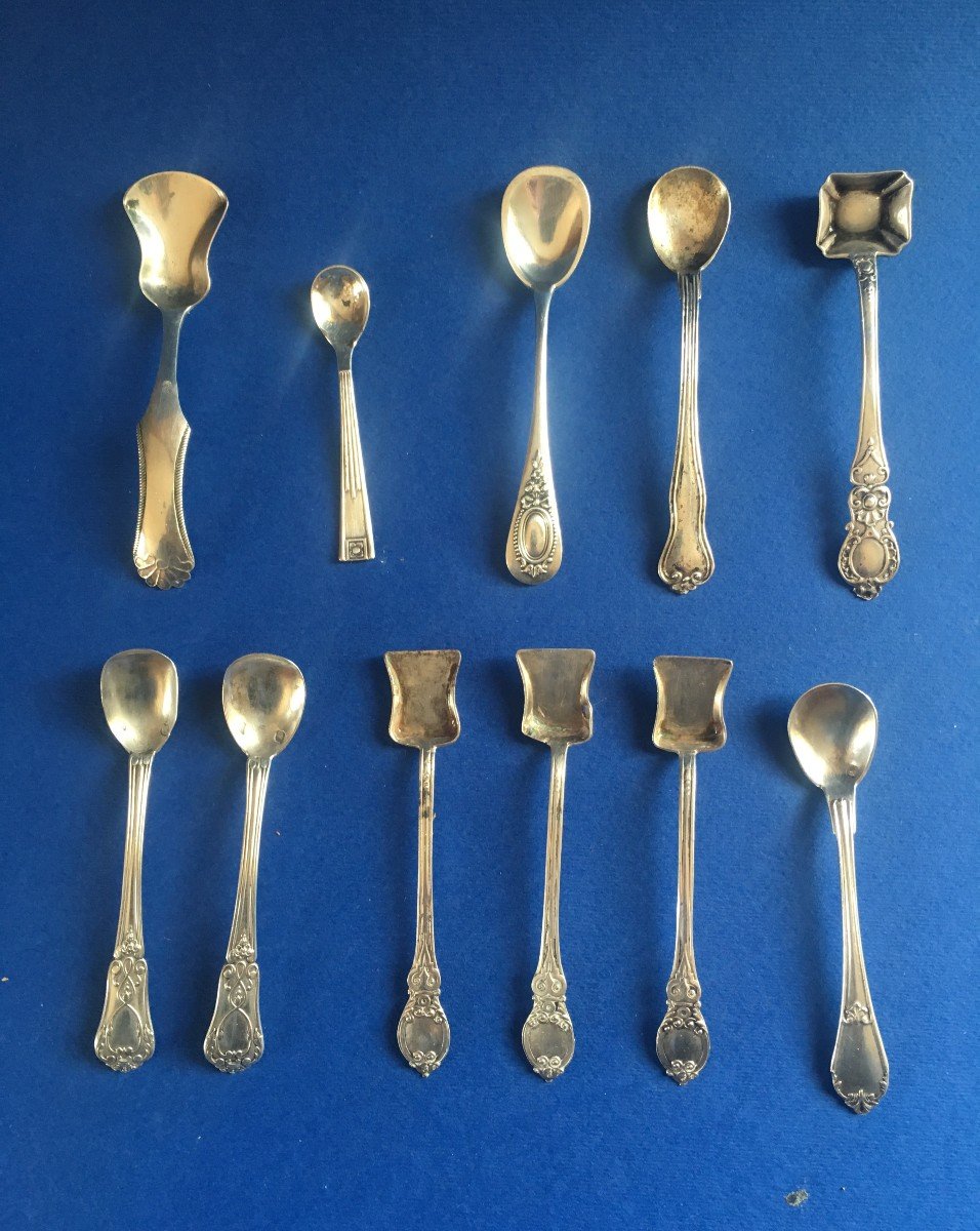 11 Salt Spoons Including 9 In Solid Silver And 2 In Silver Metal