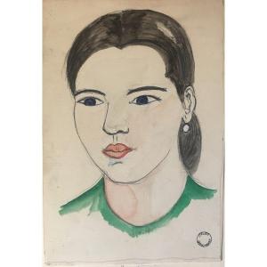 Yvonne Hanriot-giraud Gouache Portrait Of Elsa In A Green Sweater