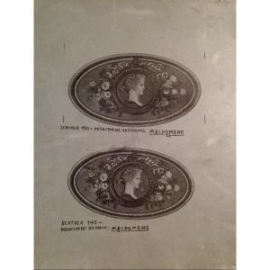 Plaque de zinc Lithographique de Piero Fornasetti : 2 Médaillons Ovales Profile De Femme.
