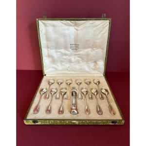 Set Of 12 Silver Teaspoons And Sugar Tongs In Its Original Box. 