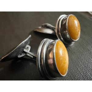 Silver And Amber Cufflinks From The 50s/60s