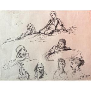 Etude de divers personnages au crayon/fusain par  A.L.C. Crespin (1859-1944)