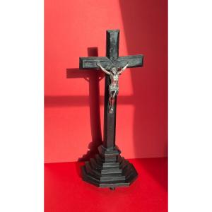 Christ On The Cross, Blackened Wood And Silvered Bronze. 19th Century.