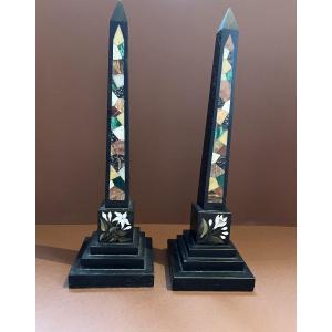 Pair Of Obelisks - Large Tower In Marble And Different Samples Facing Pietra Dura - 19th Century