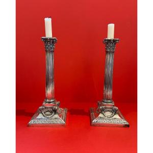 Pair Of Victorian Neo Classical Style Corinthian Candlesticks In Silver.