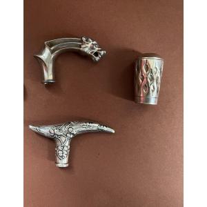 Set Of 5 19th Century Umbrella Handles Silver, Silver Metal And Gold Metal