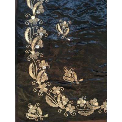 Black Silk Satin Panel Embroidered From Silver Thread Ottoman Work Late Nineteenth Early Twentieth