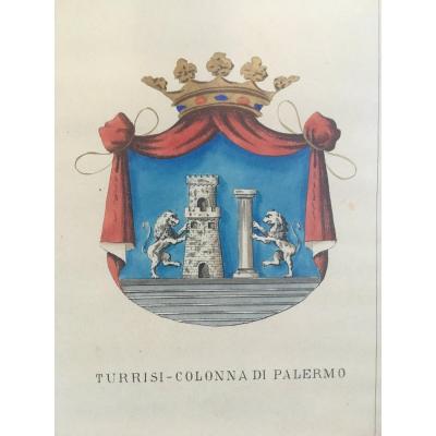 Serie Of 5 Lithographs Enhanced With Watercolor Coat Of Arms Of Neapolitan And Sicilian Family
