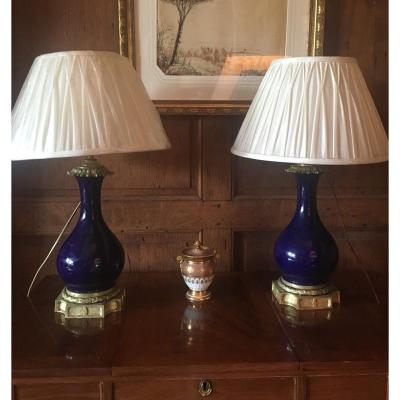 Pair Of Napoleon III Period Lamps In Sèvres Blue Porcelain And Bronze Mounts.