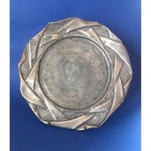 Dish Bordered With Folded Pewter Leaves Signed Ea Chanal 1900