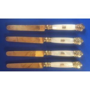 4 Dessert Knives With Vermeil Blade And Mother Of Pearl Handle 19th Century.