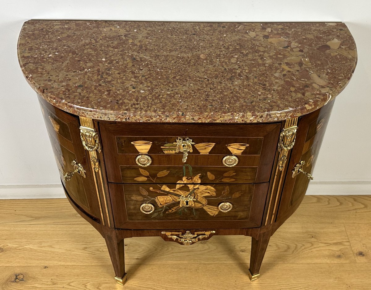 Commode Demi-lune D’époque Louis XVI Estampillée De Fidelys Schey. -photo-2