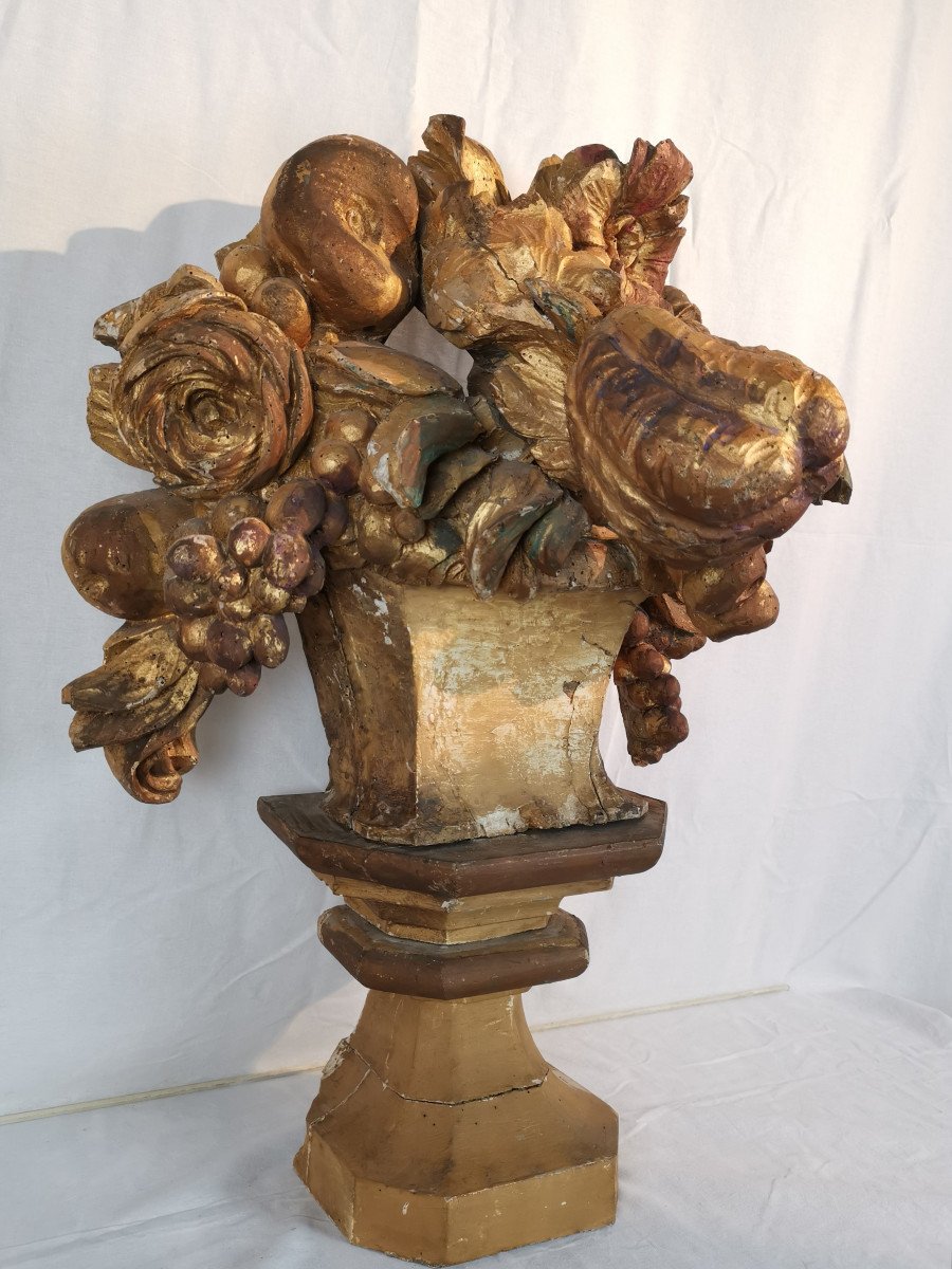 A Louis XIV, Giltwood Baroque Group Of Flowers And Fruits.-photo-3