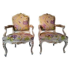 A Louis XV Painted And Parcel-gilt  Pair Of Armchairs, Attributed Gourdin 18th Century Circa 1750.