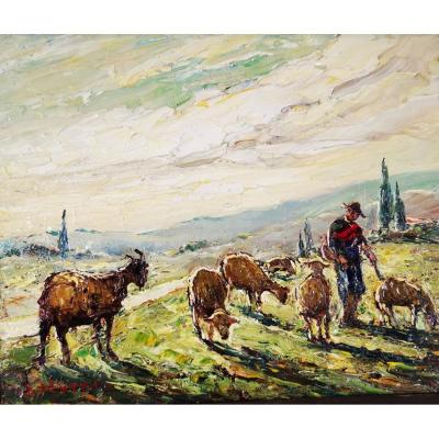 Joseph Hurard 1887-1956 Goat And Sheep In Pasture.