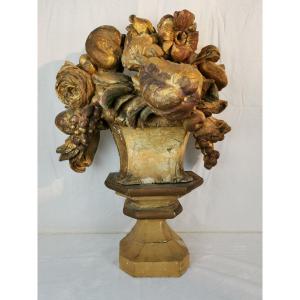 A Louis XIV, Giltwood Baroque Group Of Flowers And Fruits.
