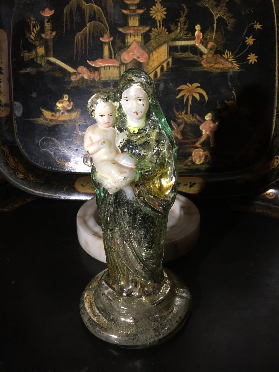 Rare Vierge à L’enfant En Verre Au Mercure -photo-3