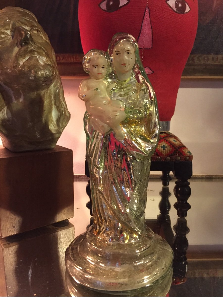 Rare Vierge à L’enfant En Verre Au Mercure 