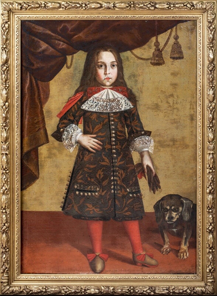 Portrait Of A Boy And A Dog, 17th Century Piedmontese School Circa 1620 Large Portrait