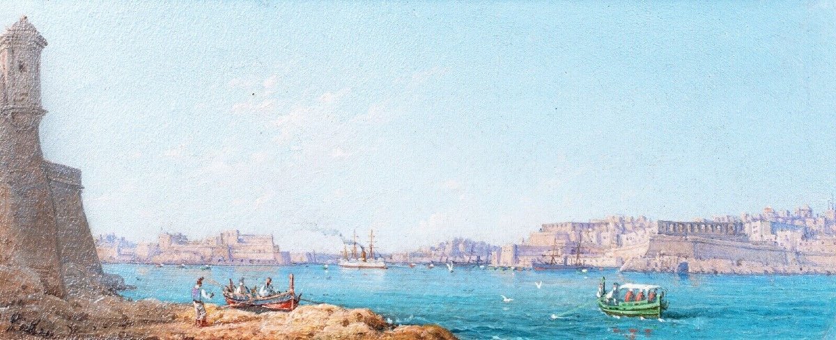 The Grand Harbour, Valletta, Malta By Luigi M. Gallea (1847-1917) 19th Century View-photo-2