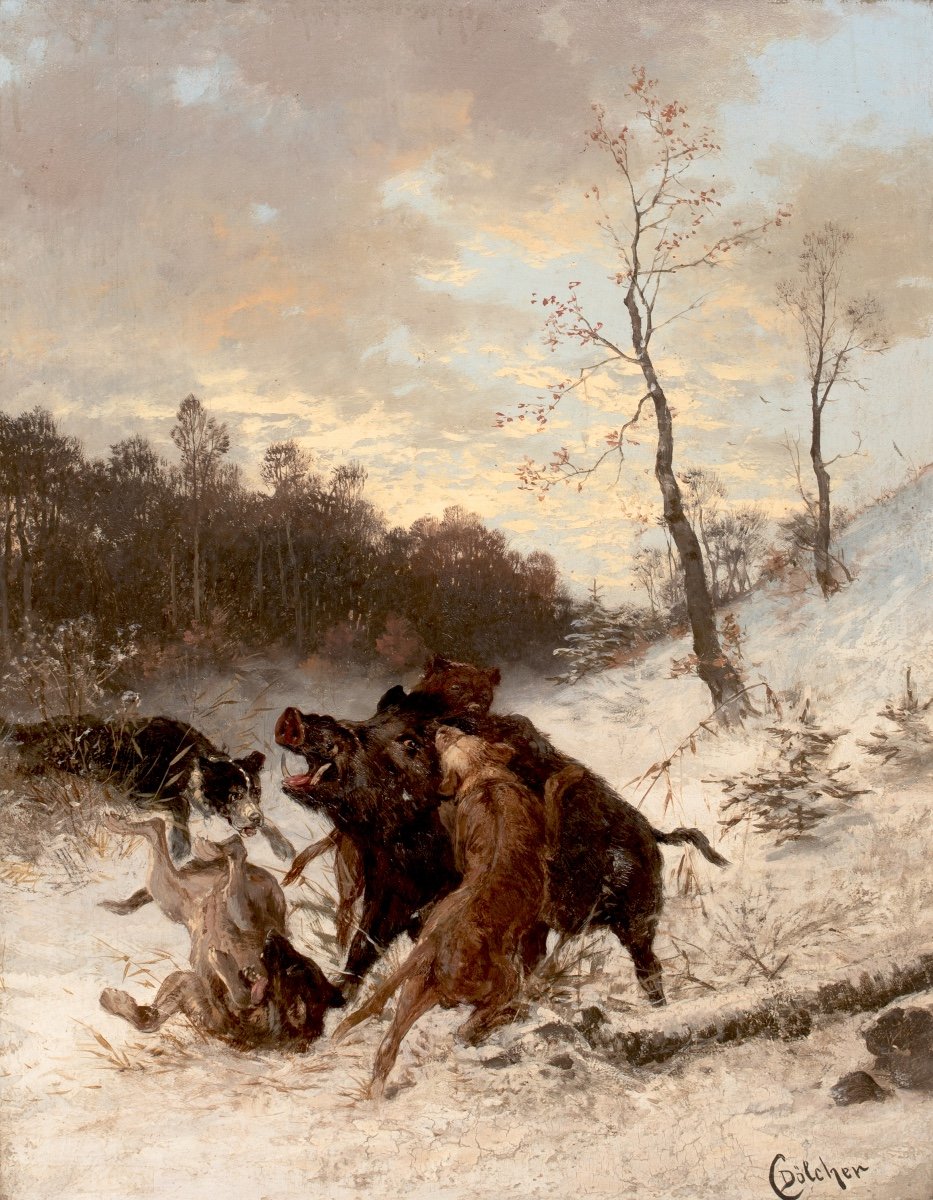 Wild Boar Hunting In Winter, 19th Century By Carl Dolcher (19th Century, German)  -photo-2