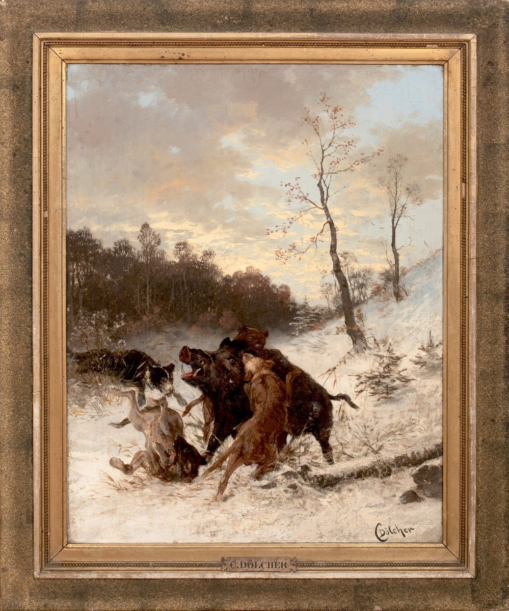 Wild Boar Hunting In Winter, 19th Century By Carl Dolcher (19th Century, German)  