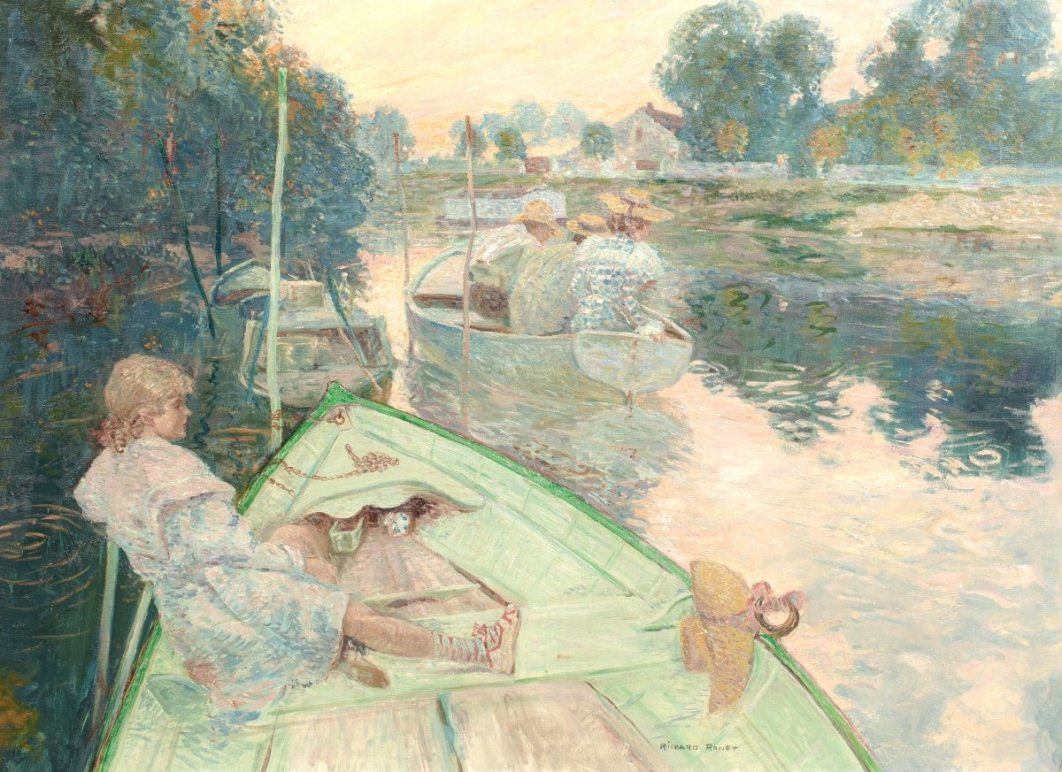 "bateaux Sur Le Lac", XIXe Siècle  Par Richard Ranft (1862-1931) Impressionniste Française-photo-2