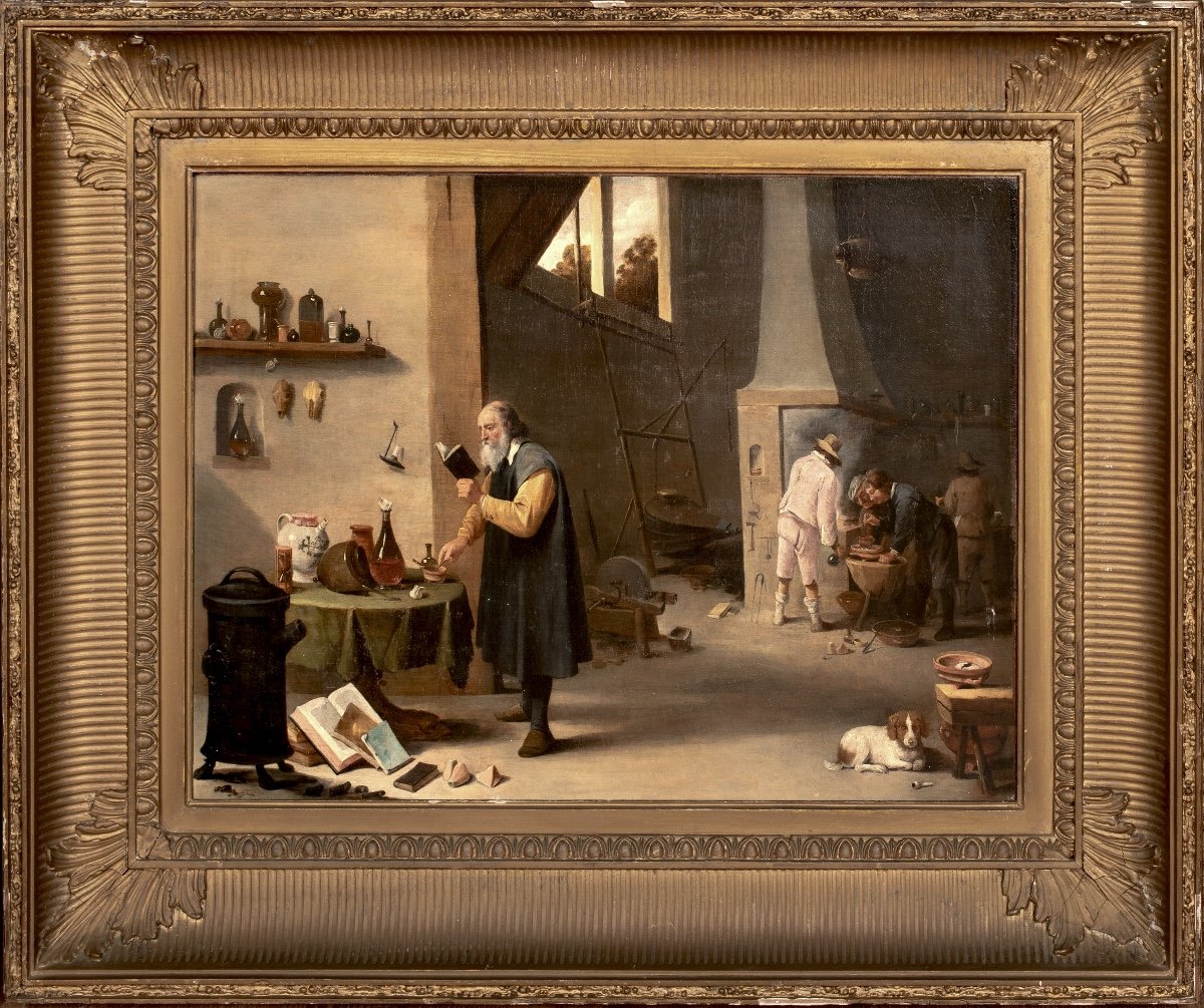 l'Atelier Des Alchimistes, XVIIe Siècle  école De David Teniers Le Jeune (1610-1690)  