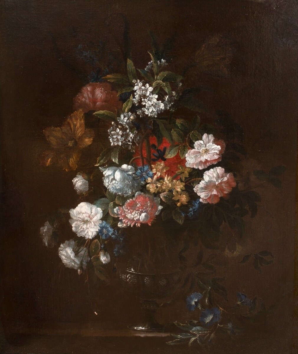 Still Life With Peonies, Orange Blossom And Tulips In A Vase On A Ledge, 17th Century -photo-2