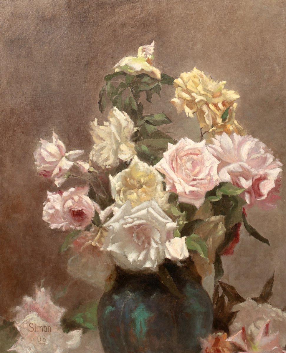 Nature Morte Aux Roses Dans Un Vase, Datée De 1908  Par Lucien Simon (1861-1945)-photo-2