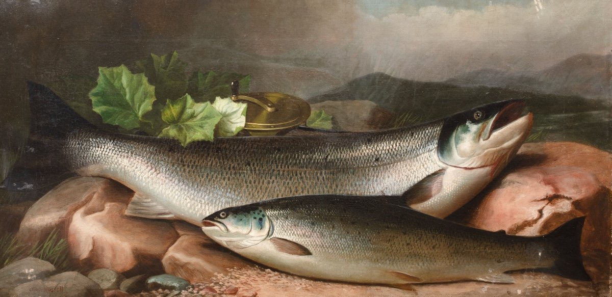 Salmon On The River Bank, 19th Century By John Bucknell Russell (1819-1893) -photo-3