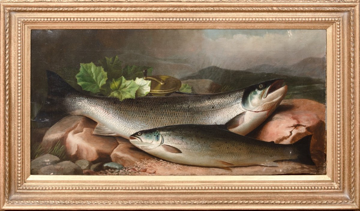 Salmon On The River Bank, 19th Century By John Bucknell Russell (1819-1893) 