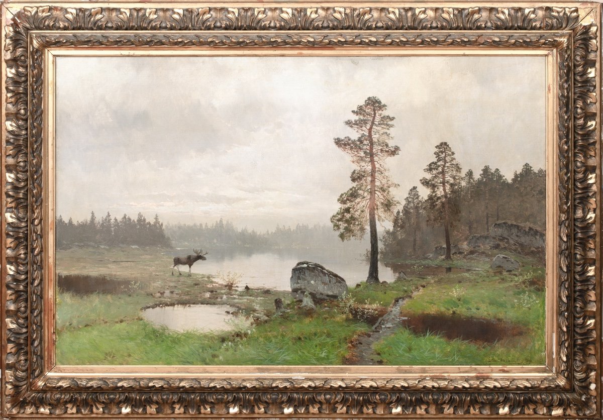 Moose At The Water's Edge, Great Lakes, Canada, 19th Century Signed Indistinctly  