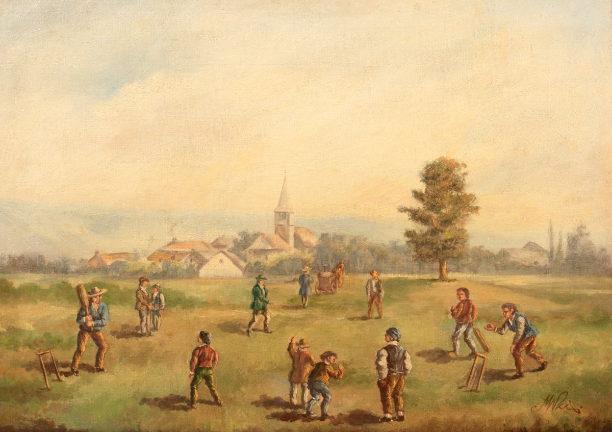 Village Cricket Match, 18th/19th Century English School - Indistinctly Signed -photo-2