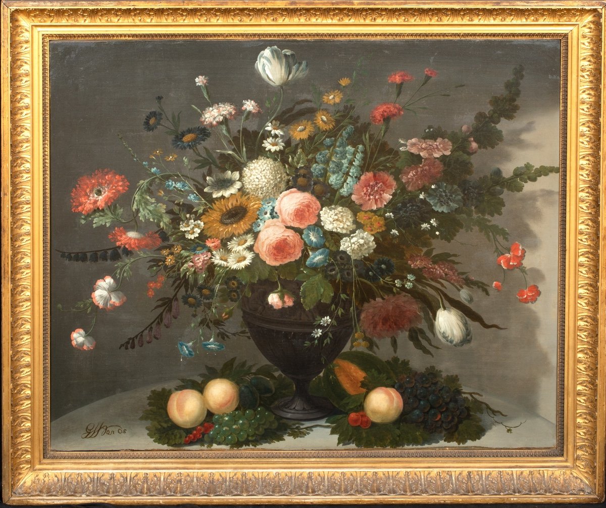 Nature Morte De Fleurs Dans Un Vase En Verre, Roses Chrysanthèmes, Roses   Jan Van Os